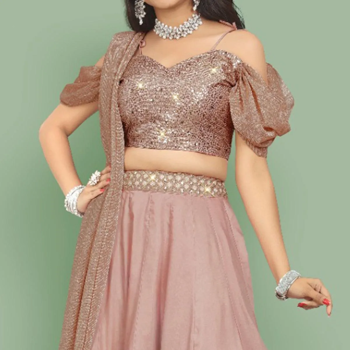 Dusty Rose Pink  Partywear Sequins Embroidery Silk Lehenga Choli