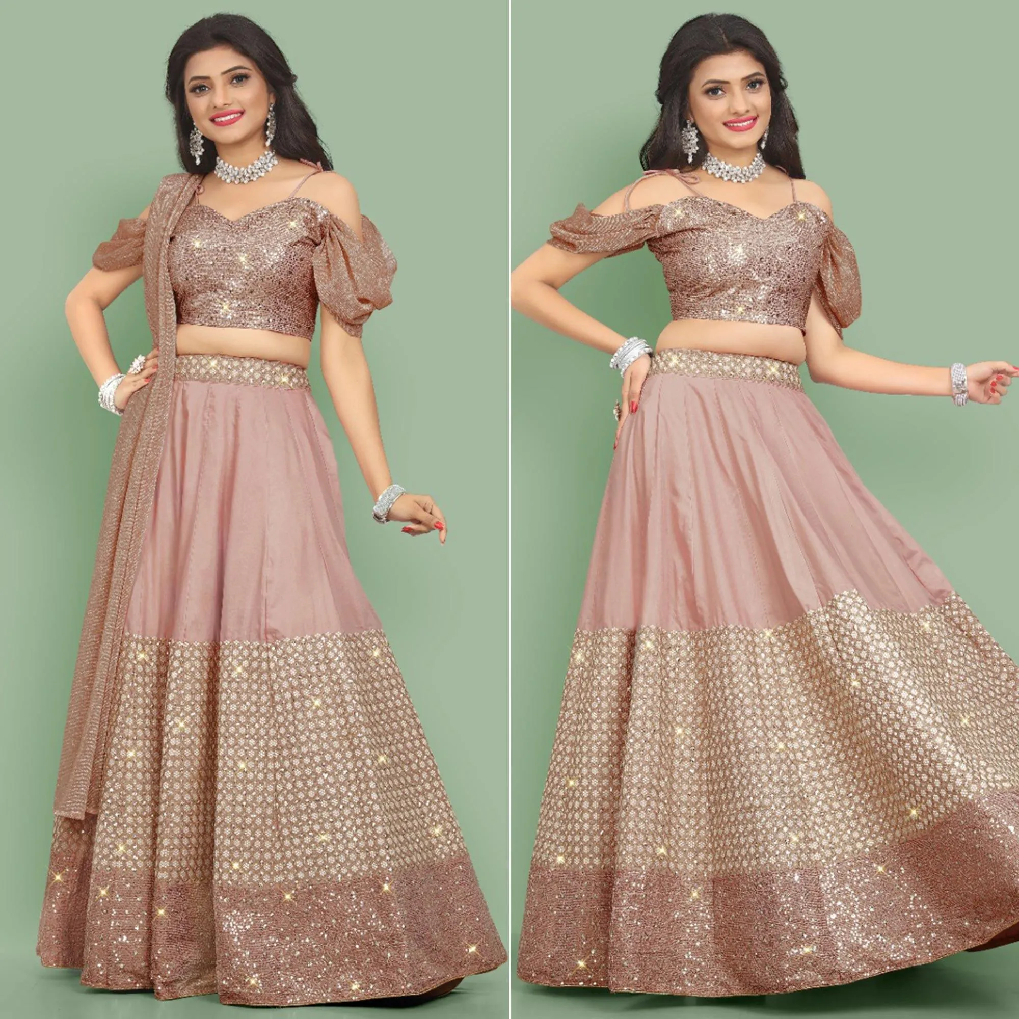 Dusty Rose Pink  Partywear Sequins Embroidery Silk Lehenga Choli