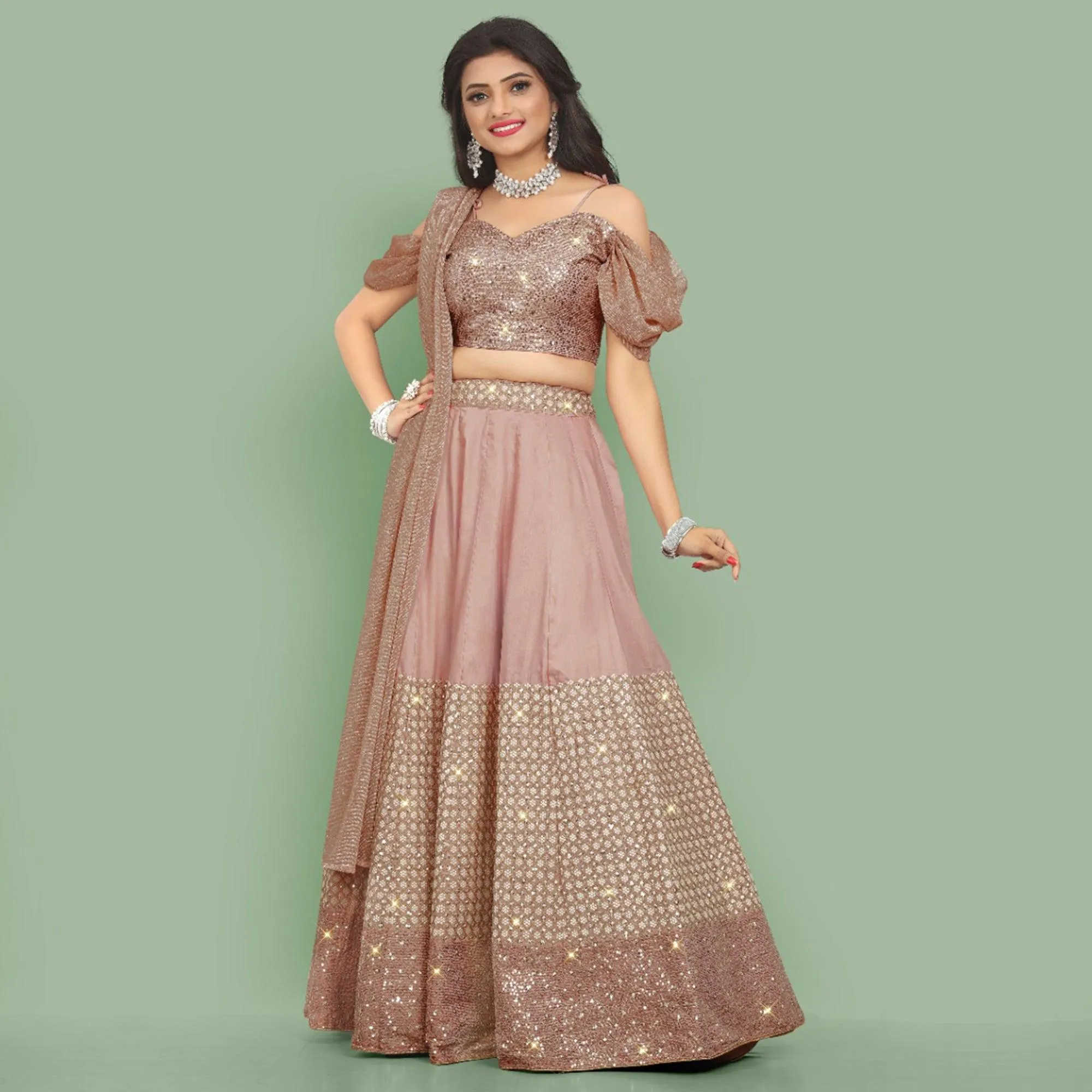 Dusty Rose Pink  Partywear Sequins Embroidery Silk Lehenga Choli