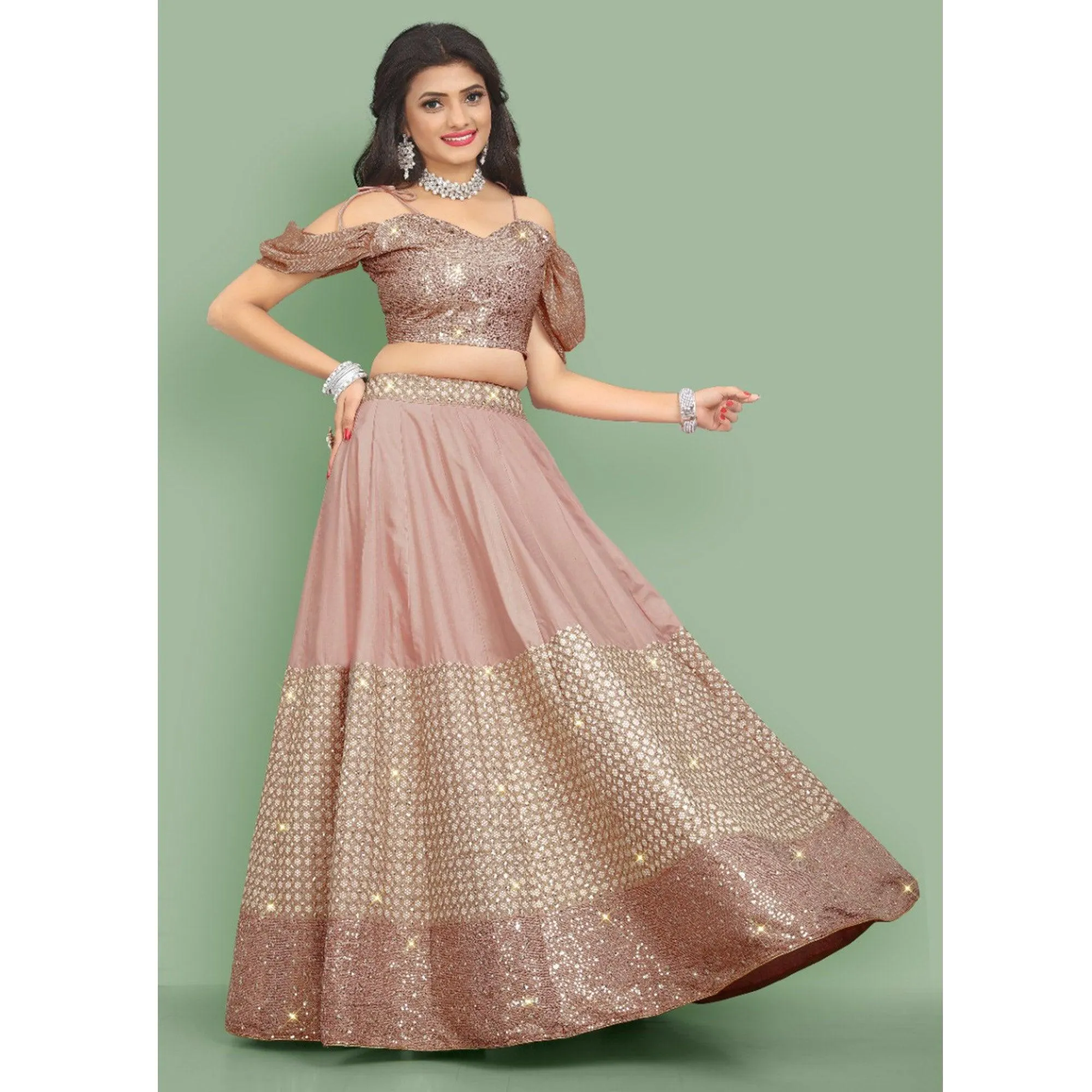 Dusty Rose Pink  Partywear Sequins Embroidery Silk Lehenga Choli