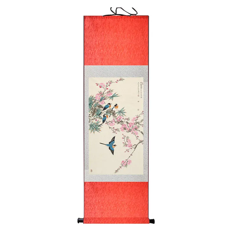 Early Spring Lucky Flowers Peach Blossom and Four Magpies Chinese Birds and Flower Silk Scroll Hanging Painting