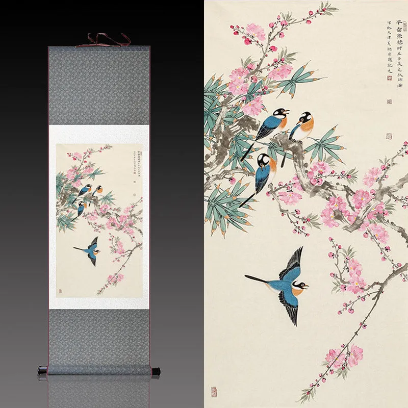 Early Spring Lucky Flowers Peach Blossom and Four Magpies Chinese Birds and Flower Silk Scroll Hanging Painting