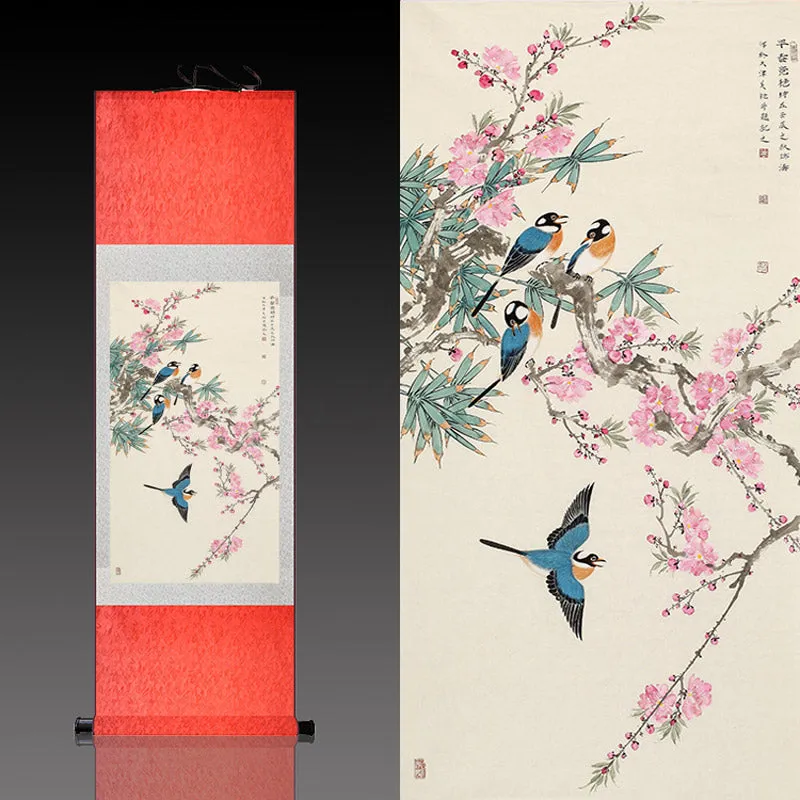 Early Spring Lucky Flowers Peach Blossom and Four Magpies Chinese Birds and Flower Silk Scroll Hanging Painting