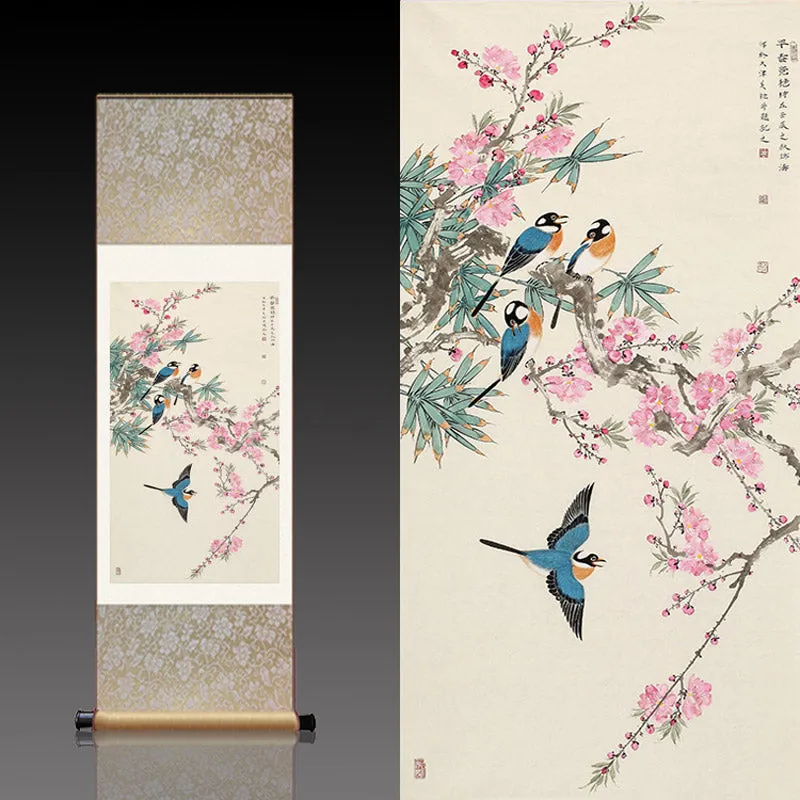 Early Spring Lucky Flowers Peach Blossom and Four Magpies Chinese Birds and Flower Silk Scroll Hanging Painting