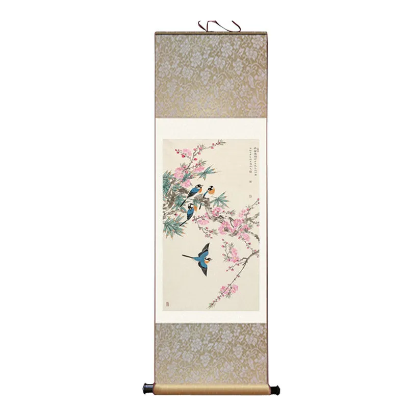 Early Spring Lucky Flowers Peach Blossom and Four Magpies Chinese Birds and Flower Silk Scroll Hanging Painting