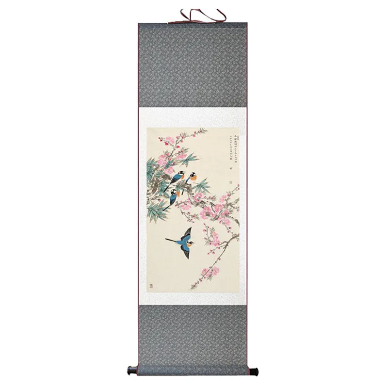 Early Spring Lucky Flowers Peach Blossom and Four Magpies Chinese Birds and Flower Silk Scroll Hanging Painting