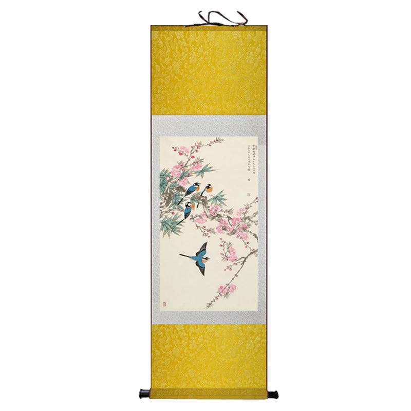 Early Spring Lucky Flowers Peach Blossom and Four Magpies Chinese Birds and Flower Silk Scroll Hanging Painting