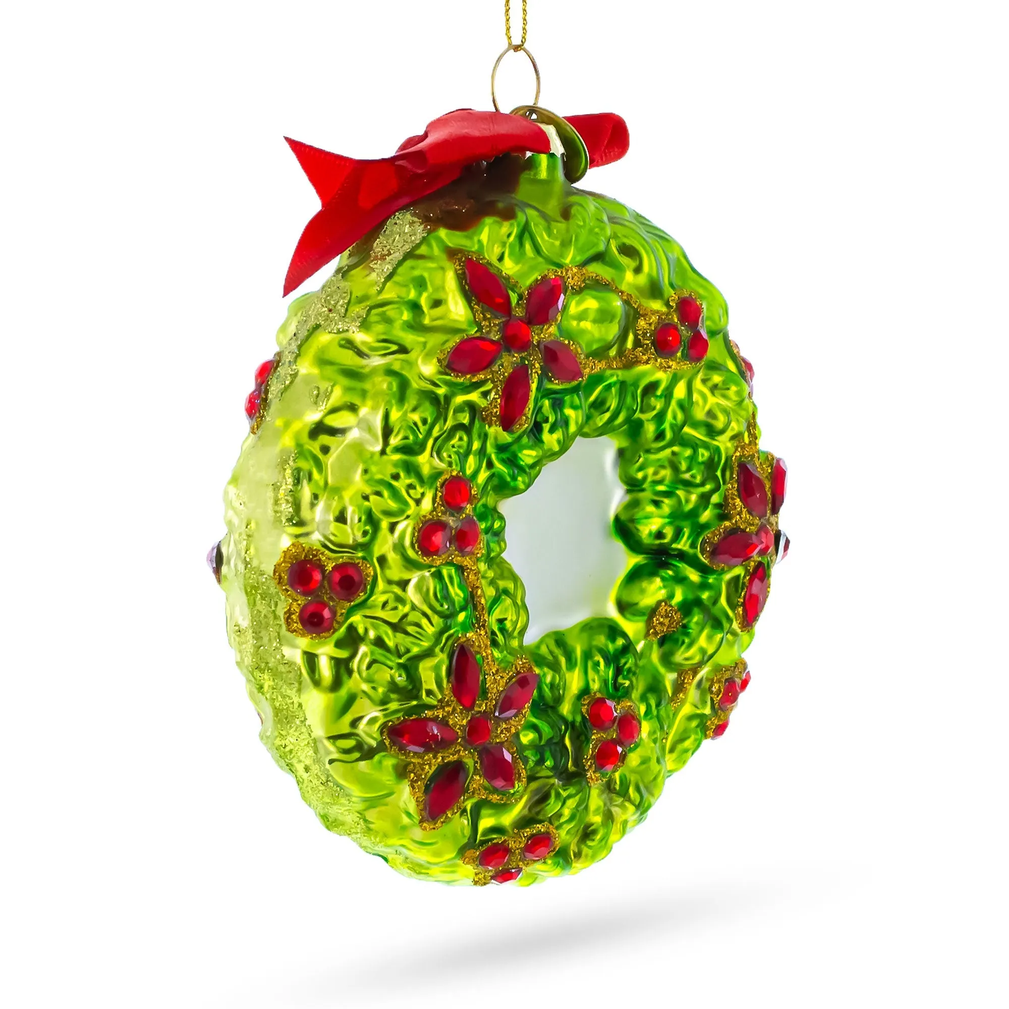 Enchanting Hummingbirds On A Floral Wreath - Blown Glass Christmas Ornament