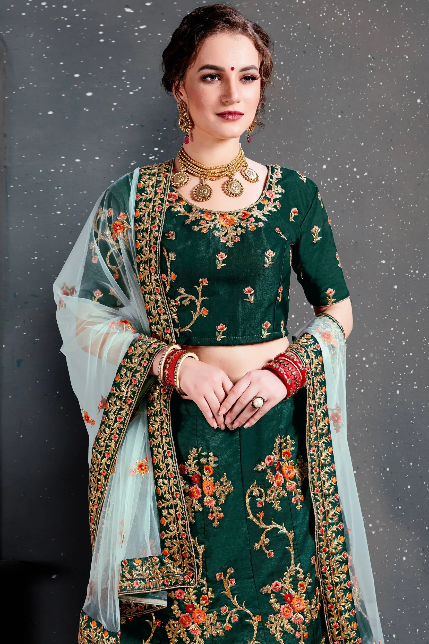 Ethnic Green Bridal Wear Embroidered Taffeta Silk Lehenga choli