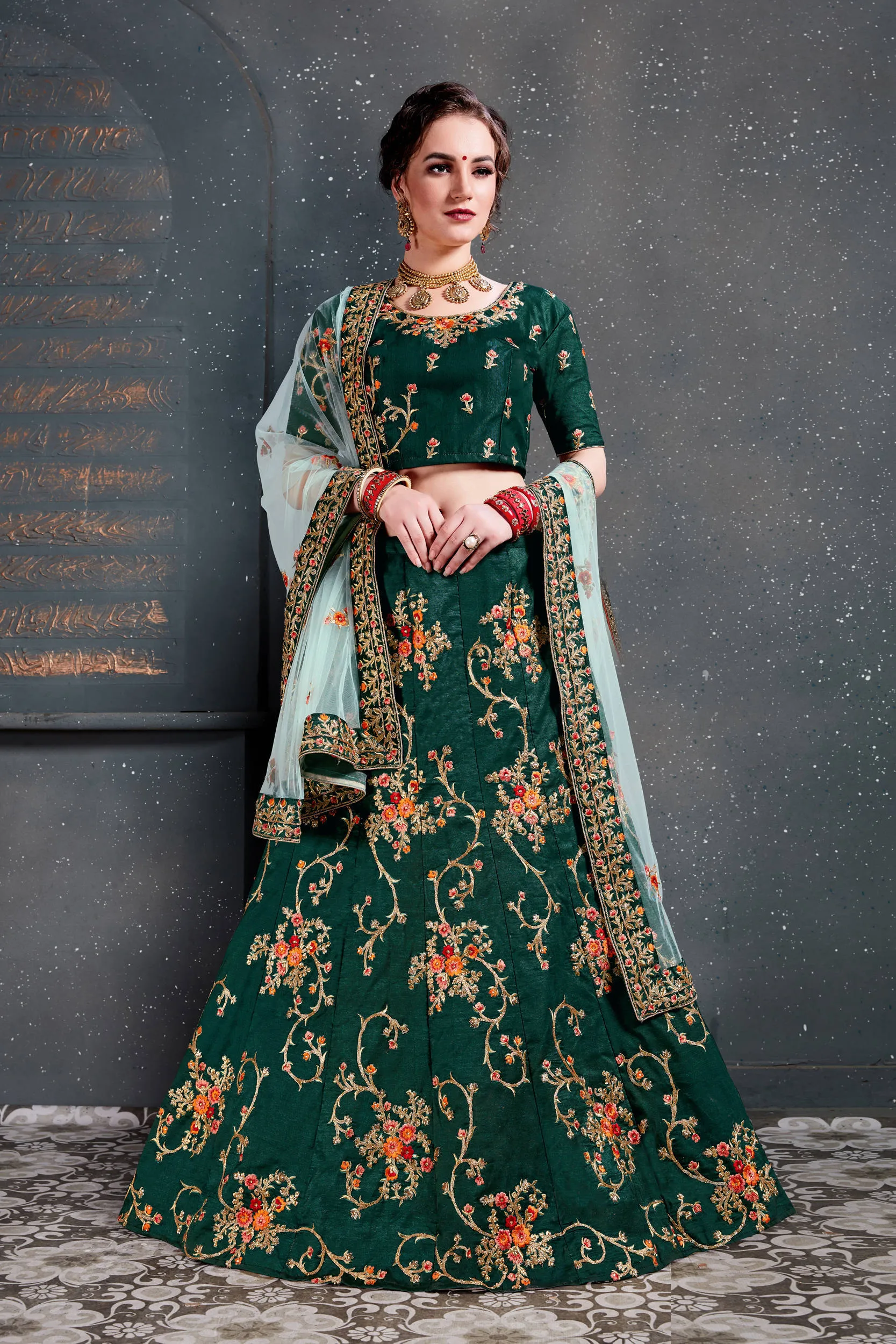 Ethnic Green Bridal Wear Embroidered Taffeta Silk Lehenga choli