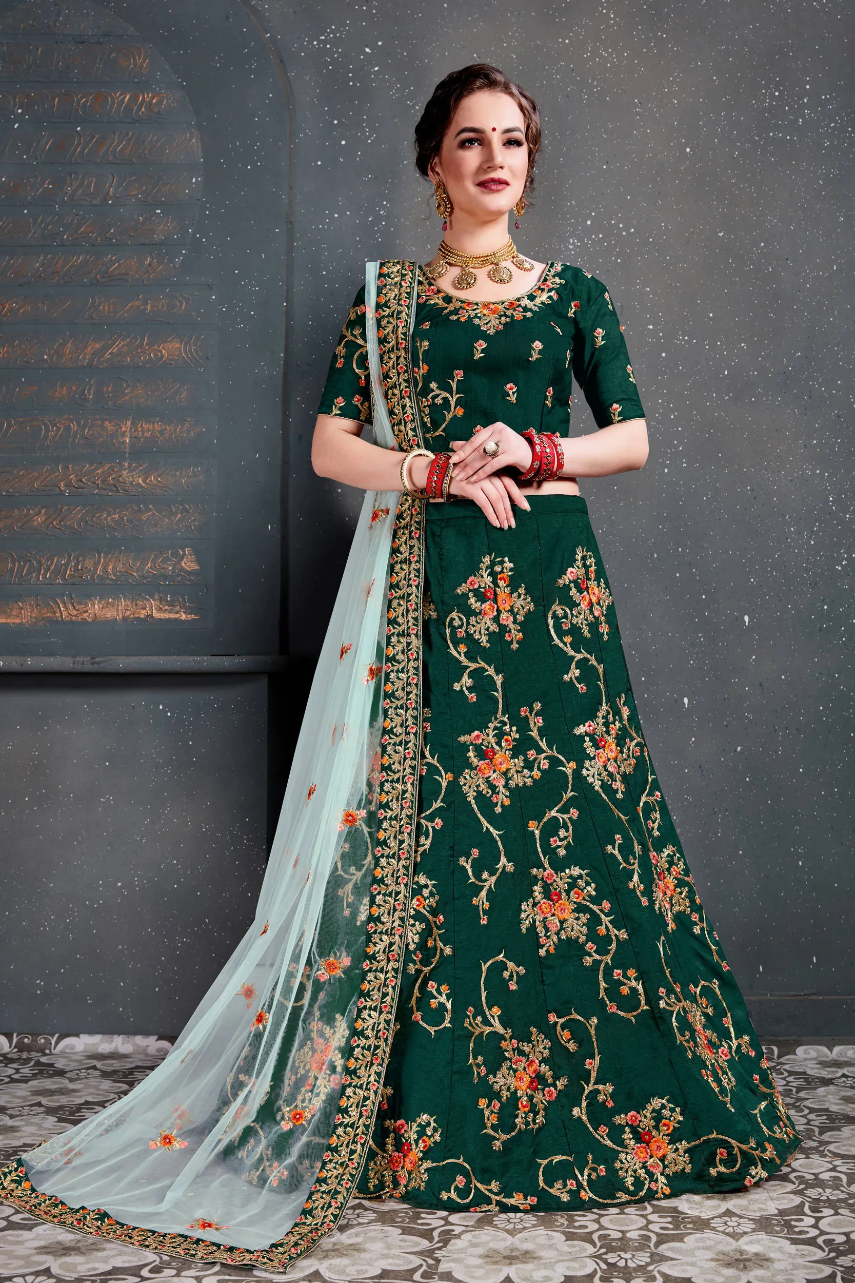 Ethnic Green Bridal Wear Embroidered Taffeta Silk Lehenga choli