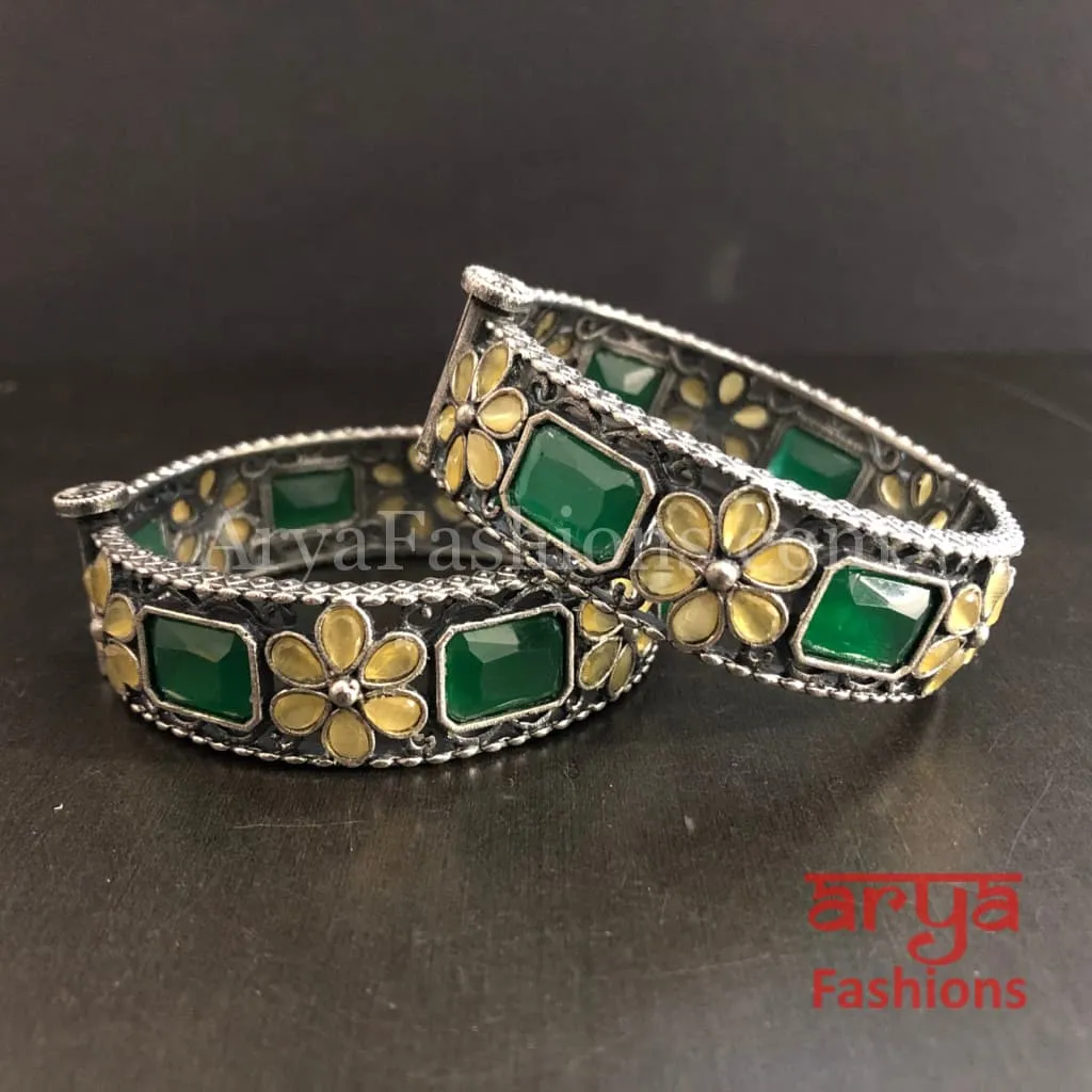 Ethnic Oxidized Silver Bracelet Kada with colored stones