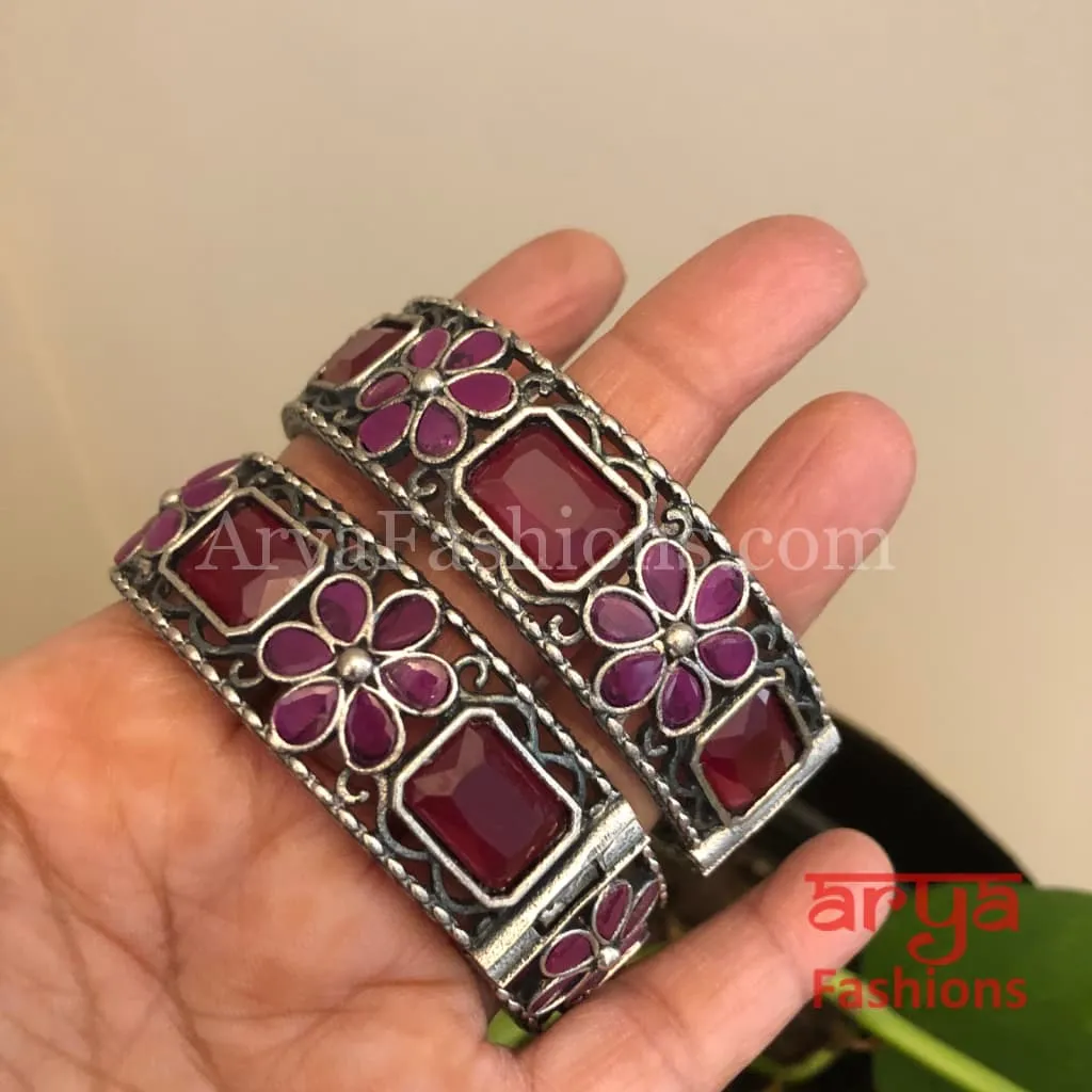 Ethnic Oxidized Silver Bracelet Kada with colored stones