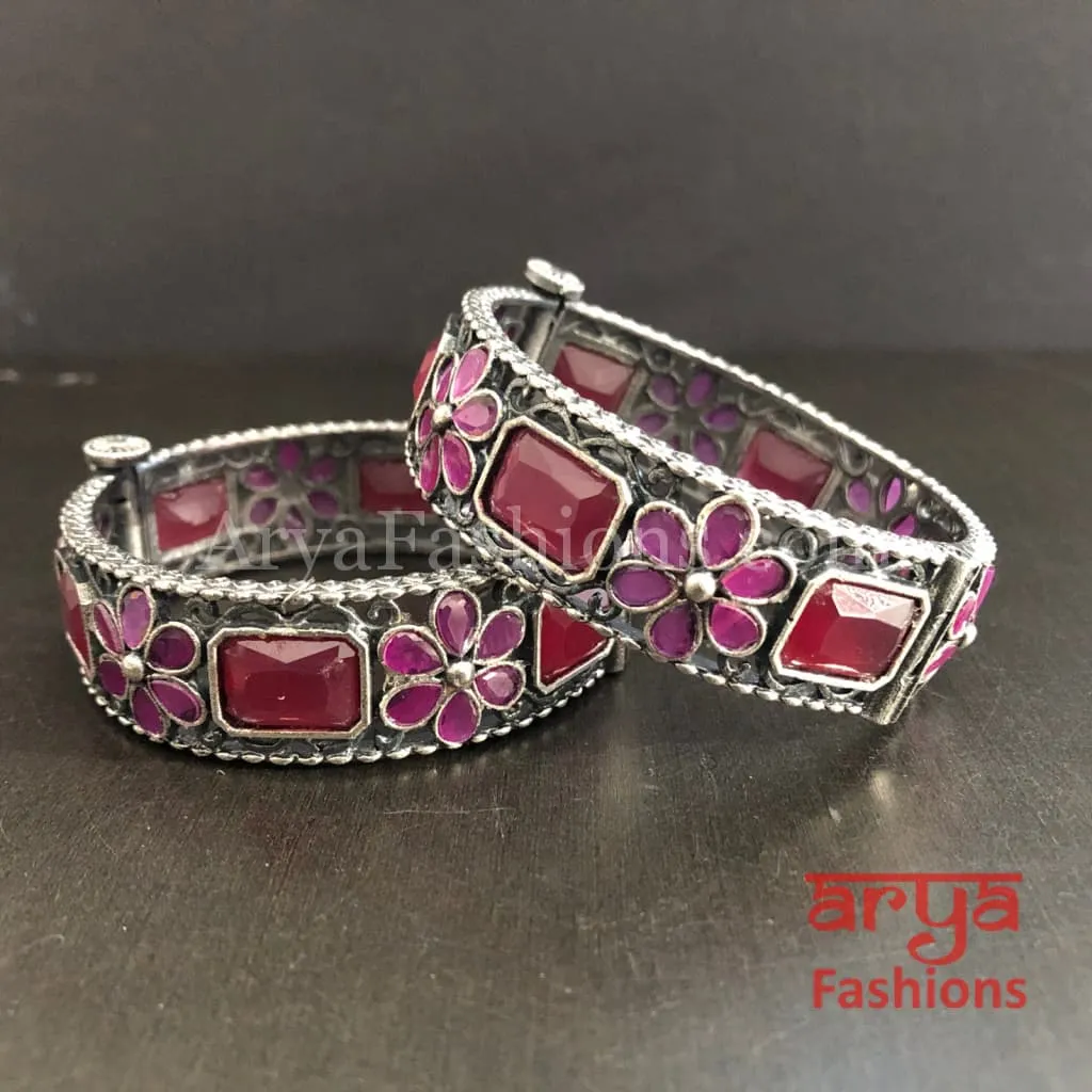 Ethnic Oxidized Silver Bracelet Kada with colored stones