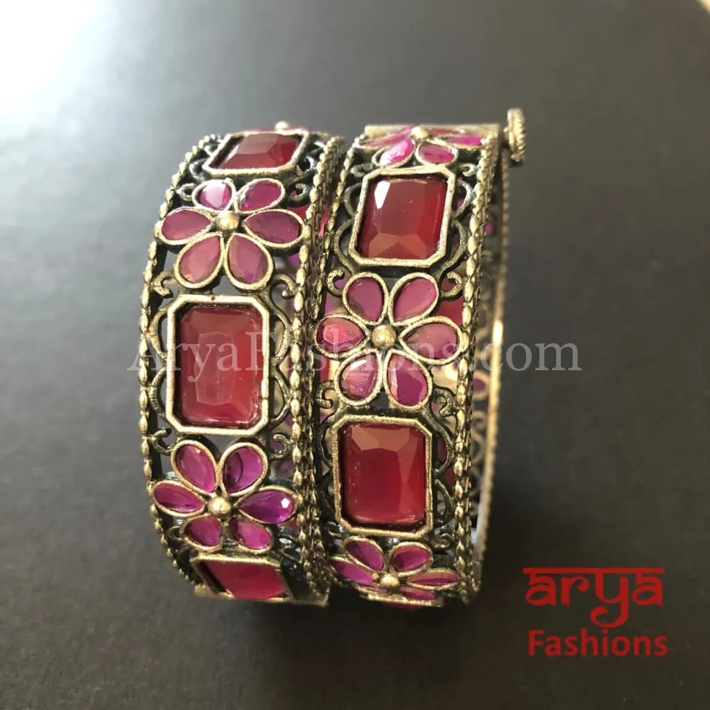 Ethnic Oxidized Silver Bracelet Kada with colored stones