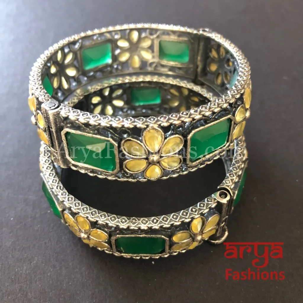 Ethnic Oxidized Silver Bracelet Kada with colored stones