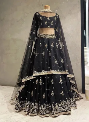 French Silk Black Lehenga Choli Set with Embroidered Dupatta