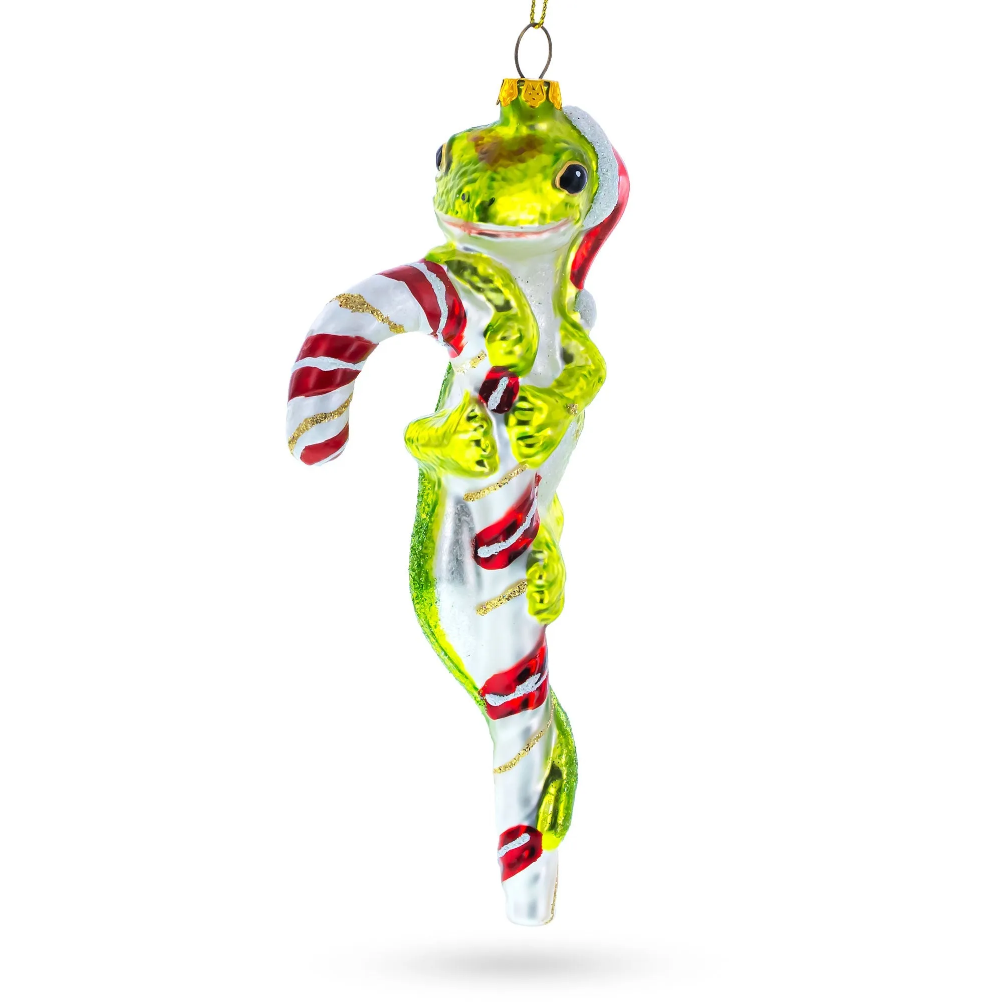 Gecko With Candy Cane Blown Glass Christmas Ornament