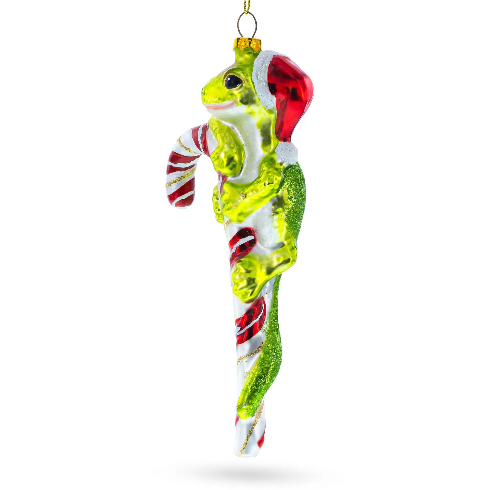 Gecko With Candy Cane Blown Glass Christmas Ornament