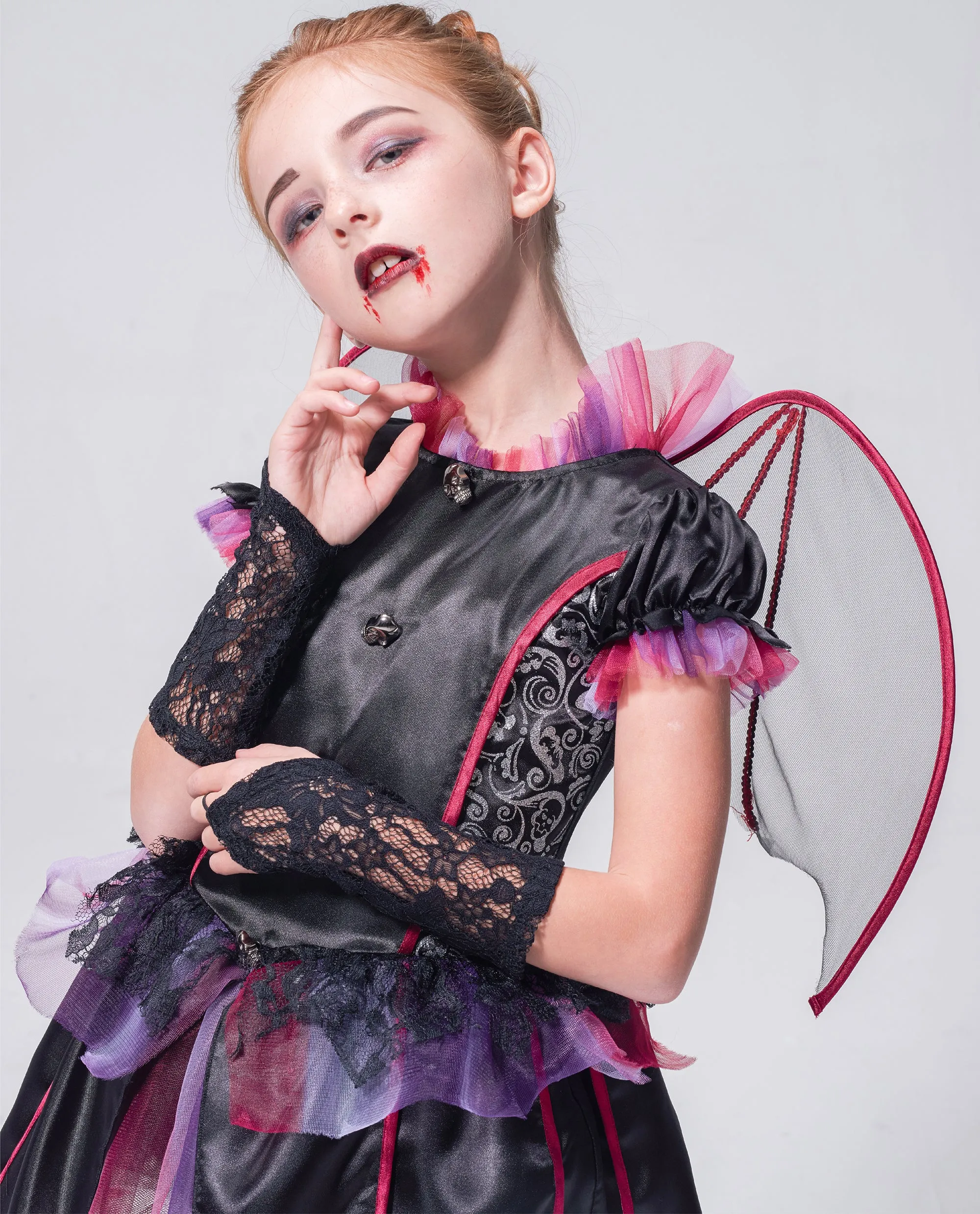 Girls Vampire Costume Gothic Evil Countess Dress Halloween Bat Wing