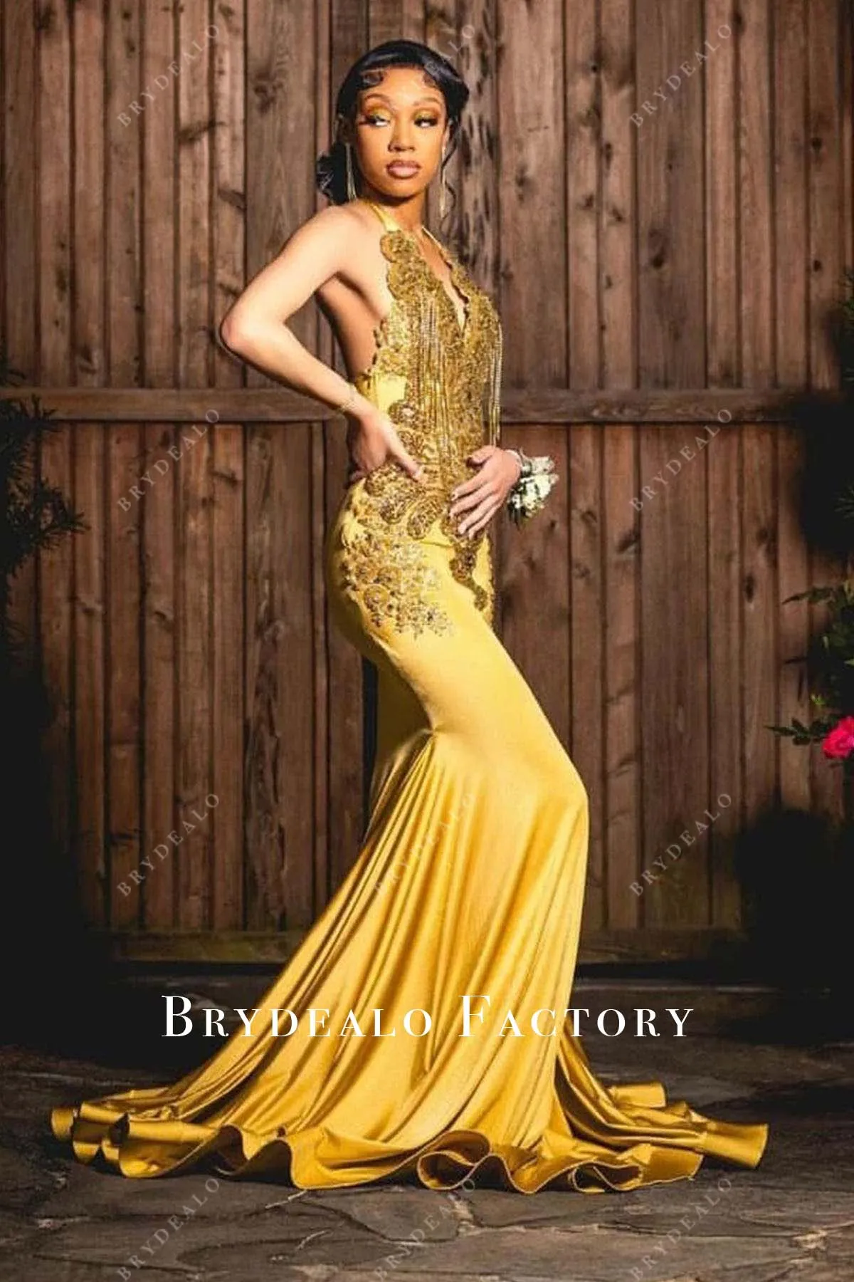 Gold Halter Rhinestones Mermaid Prom Dress