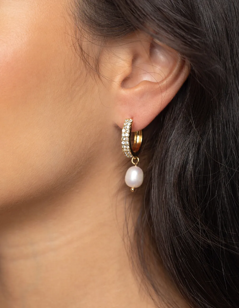 Gold Plated Huggie Hoop Earrings with Freshwater Pearls