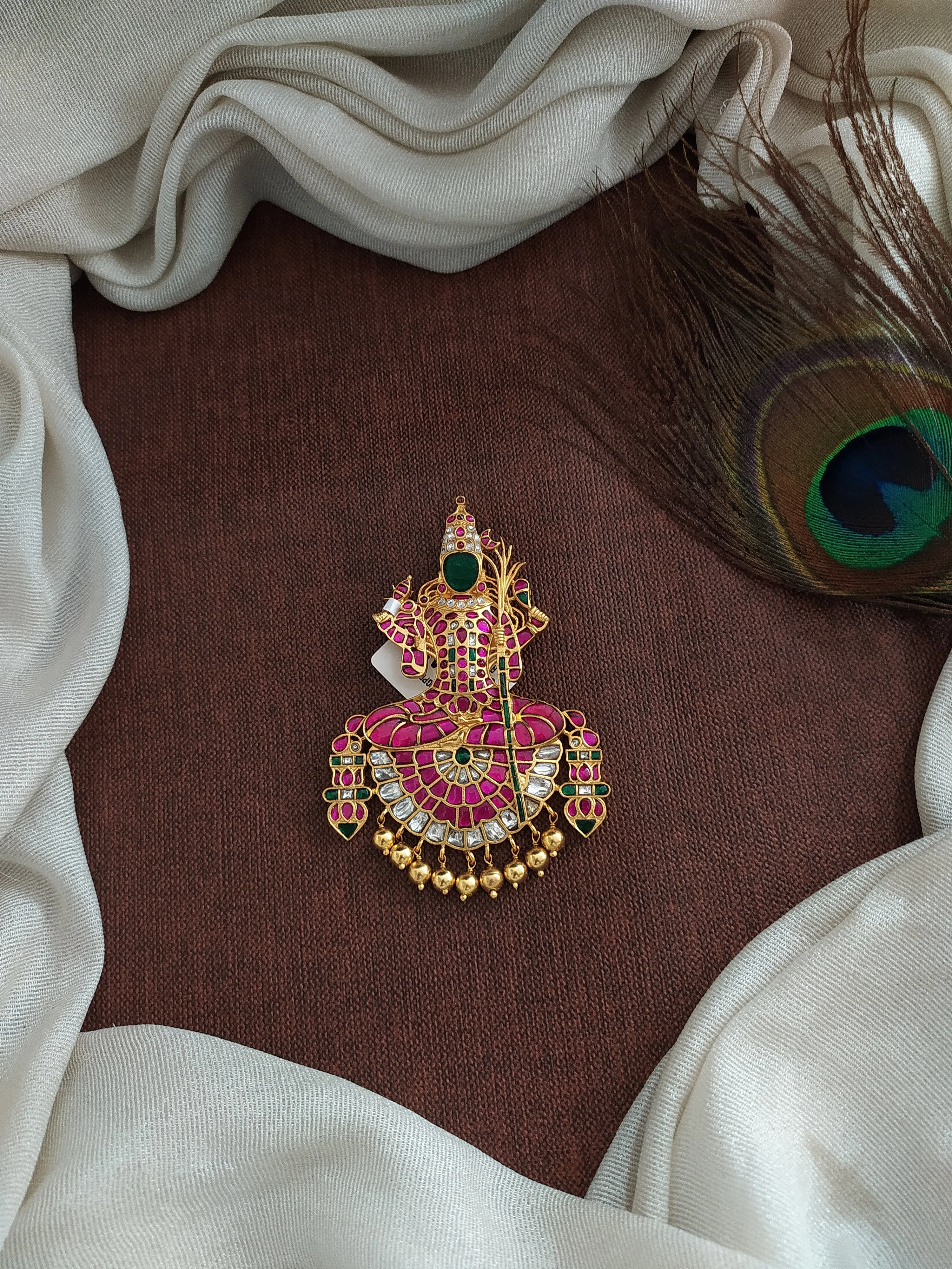 Gold-Plated Pure Silver Jadau Kundan Pendant featuring Kamakshi with Hallmark 92.5 Purity