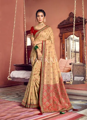 Golden Beige Multi Embroidered Traditional Silk Saree