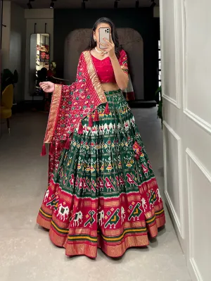 Green Color Patola Printed With Foil Work Tussar Silk Lehenga Choli