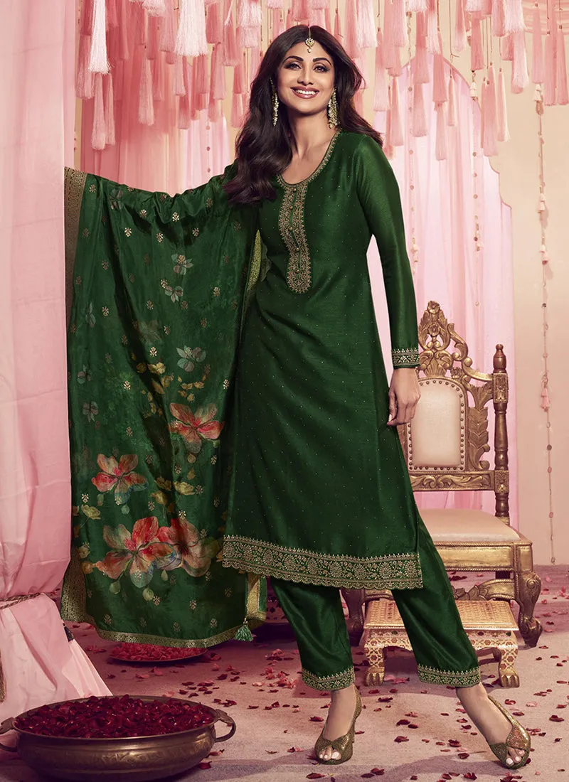 Green Golden Sequence Embroidery Traditional Pant Style Suit