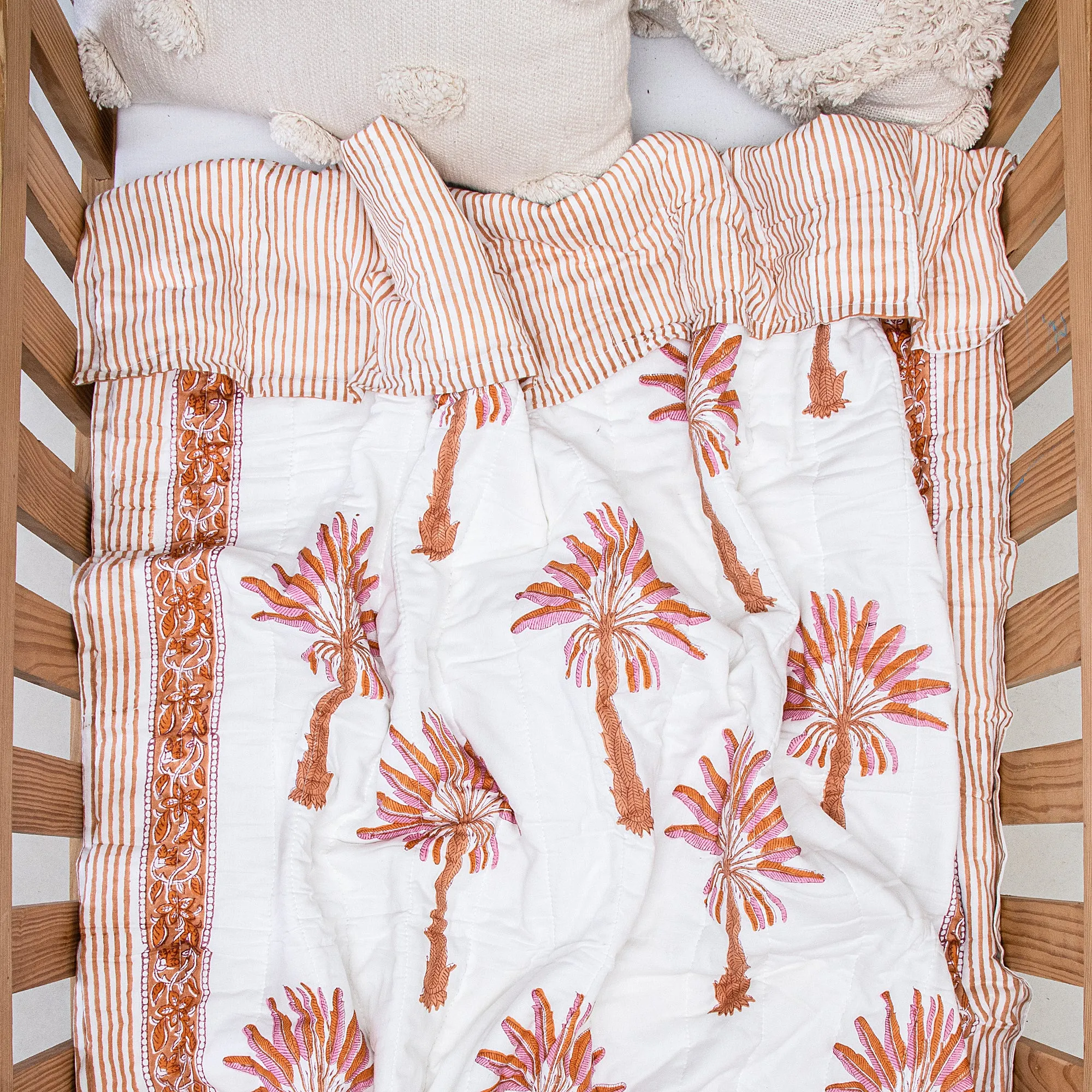 Hand Block Palm Tree Printed Mulmul Cotton Quilt for Baby