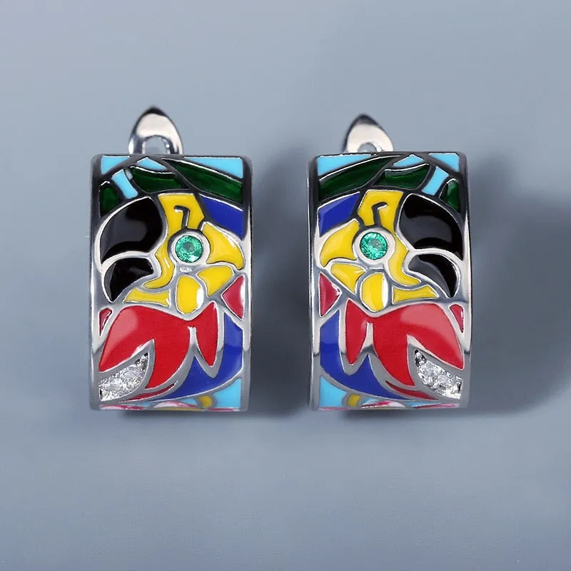 Handmade Enamel Parrot Drop Earrings for Women with Zircon in 925 Sterling Silver