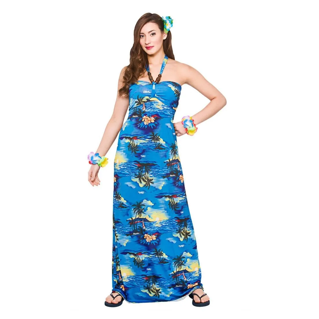 Hawaiian Long Dress Blue Palm Fancy Dress Beach Party