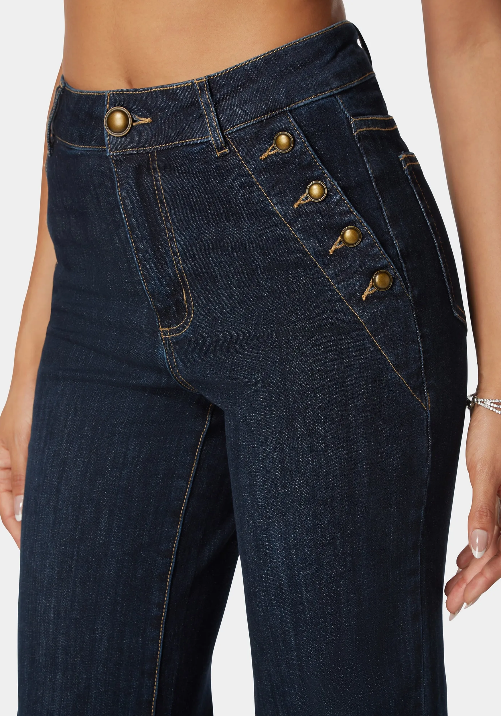 High Waist Button Detail Flared Leg Jeans