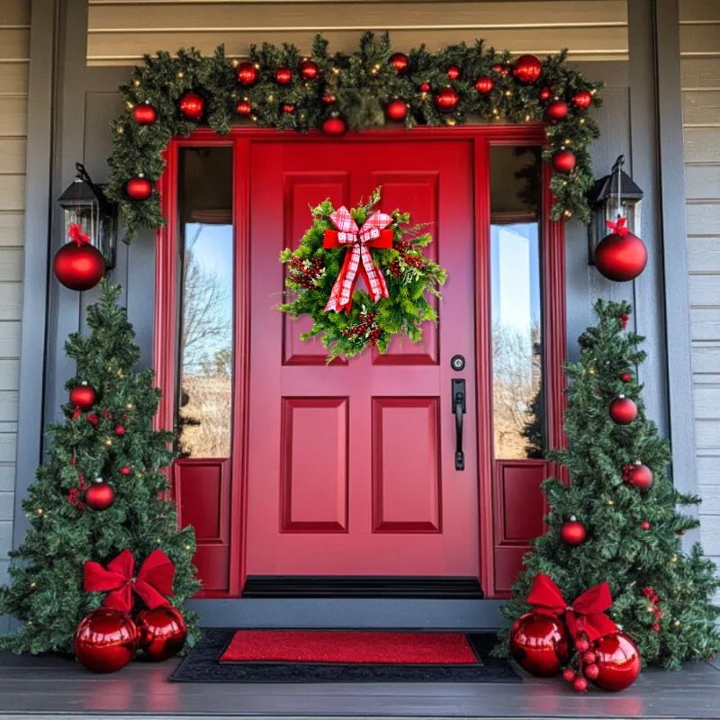 Holiday Berry Pine Wreath – Red Bow Christmas Door Decor