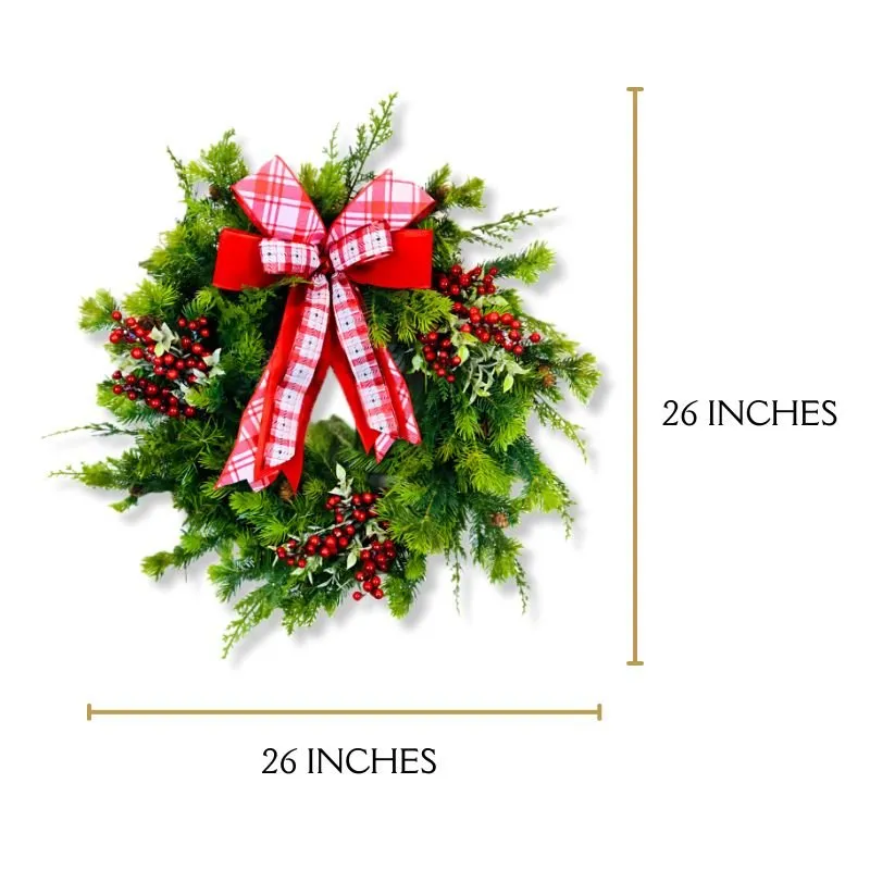 Holiday Berry Pine Wreath – Red Bow Christmas Door Decor