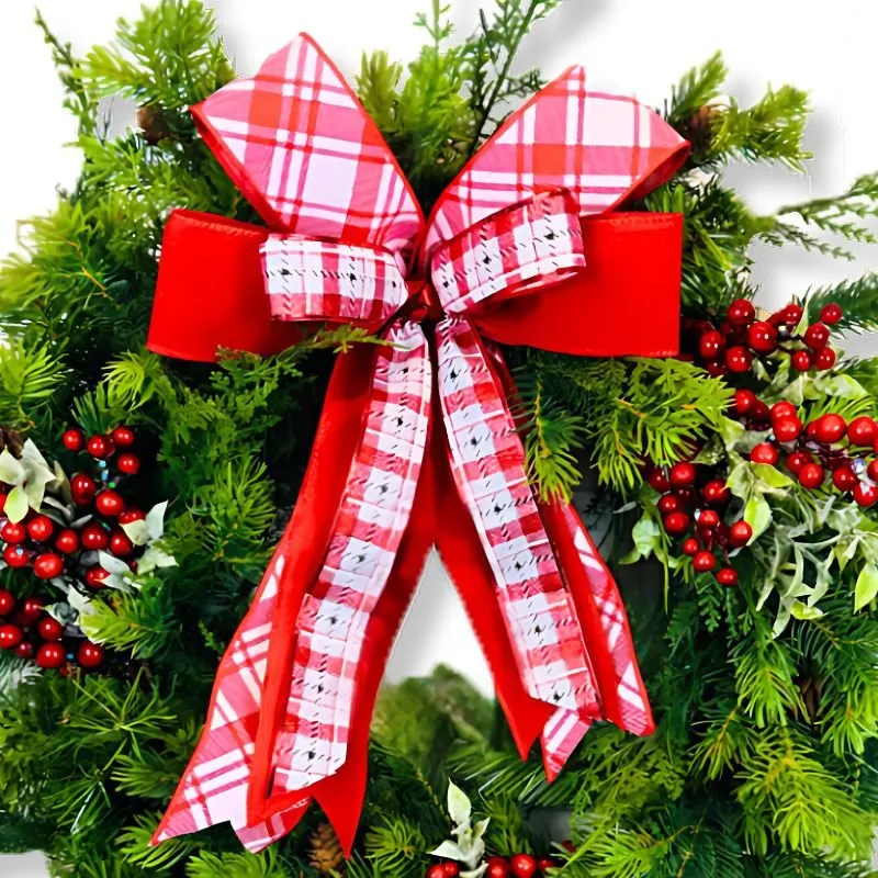 Holiday Berry Pine Wreath – Red Bow Christmas Door Decor