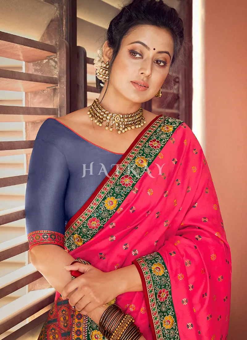 Hot Pink Multi Embroidered Traditional Silk Saree