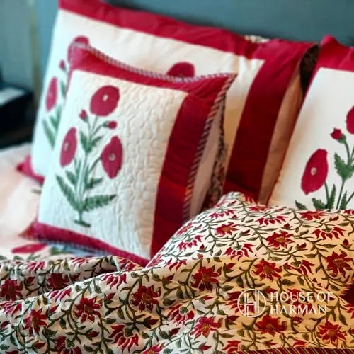 House of Harman Hand Quilted Mulmul Cotton Reversible Quilt I Hand Block Printed I Natural Vegetable Dyes (Red Wildpoppy Fields Quilt) (Pair of Singles- 60 * 90 inches)