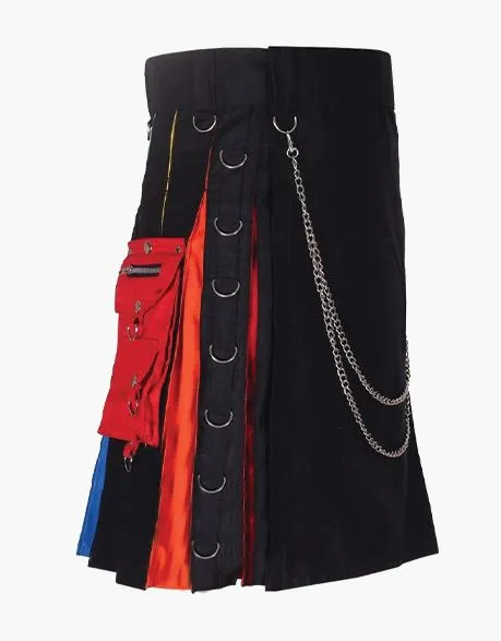 HYBRID BLACK RAINBOW KILT WITH CLASSY CHAIN AND POCKETS