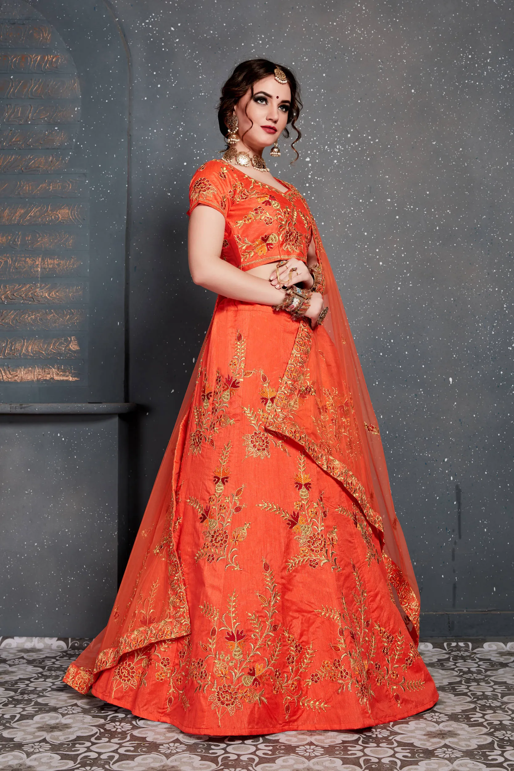 Hypnotic Orange Colored Slub Silk Lehenga Choli