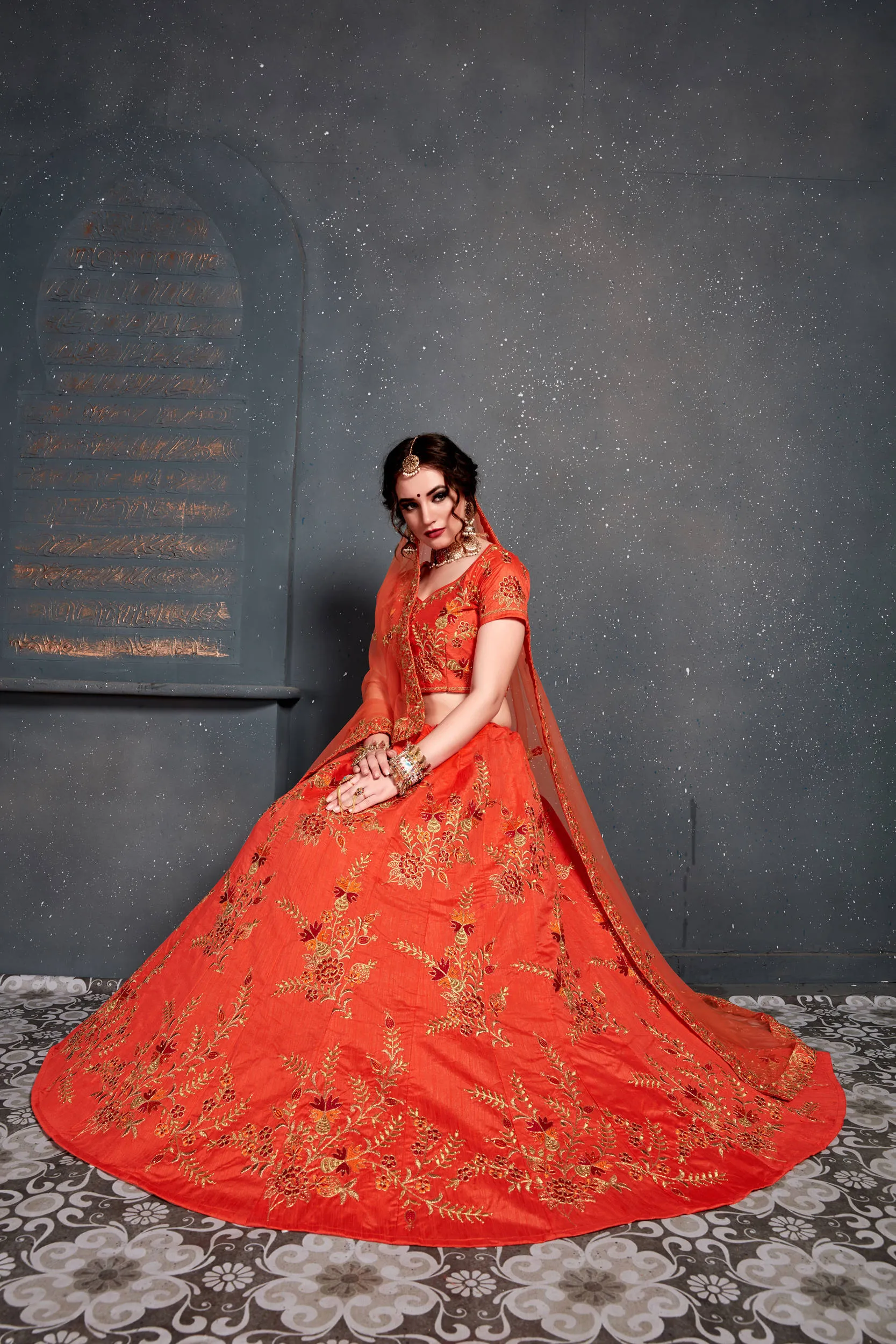 Hypnotic Orange Colored Slub Silk Lehenga Choli