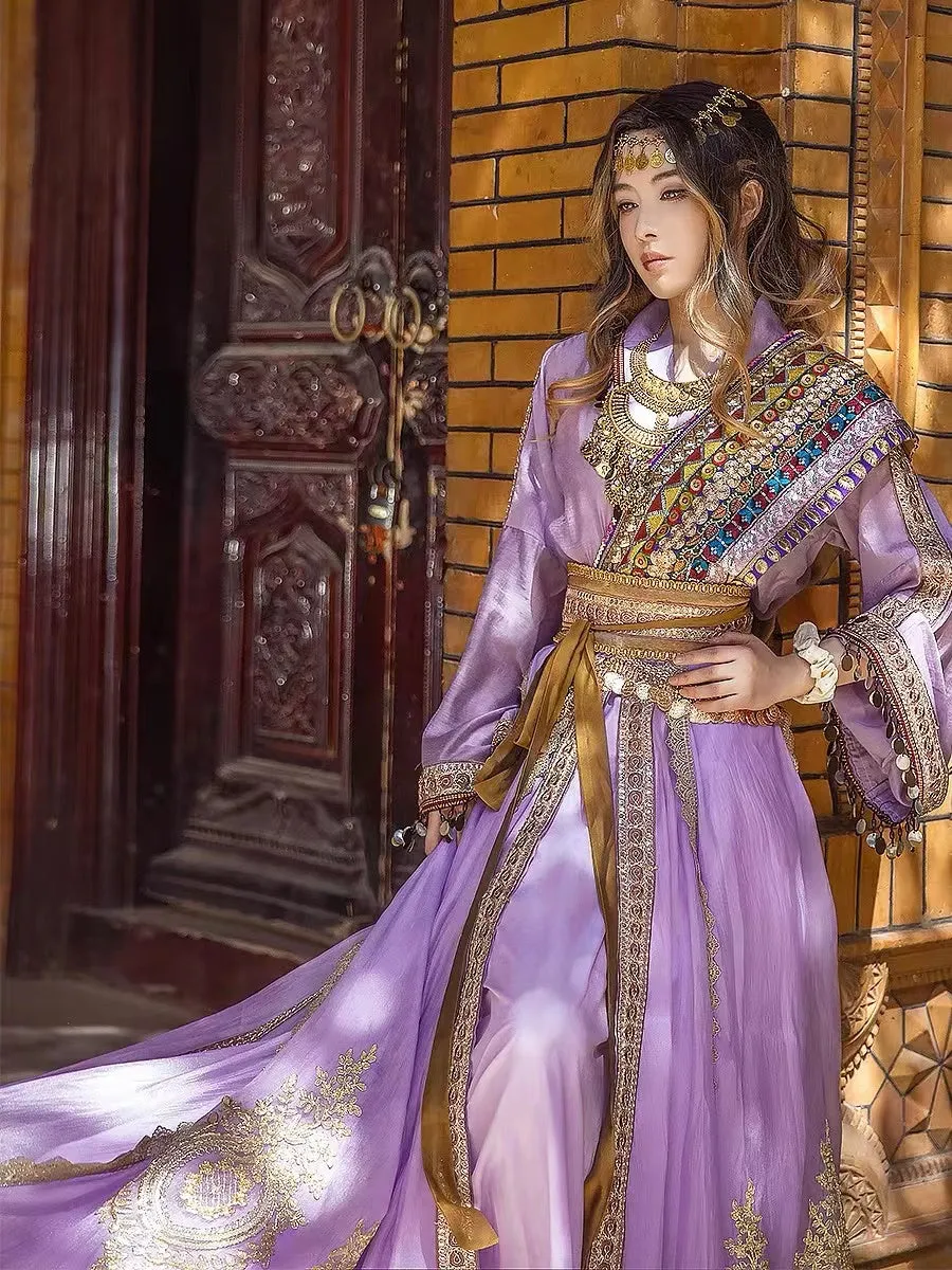 Inspired By the Ancient Western Chinese kingdom Princess of Loulan, Purple Boho Embroidery Hanfu Costume(4PCS)