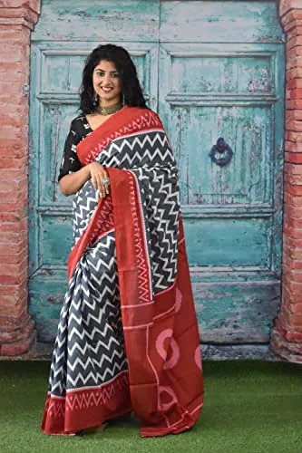 JALTHER Handicrafts Women's Ikat Hand Block Print Jaipuri Cotton Mulmul Saree with Blouse Piece_Multicolor 700