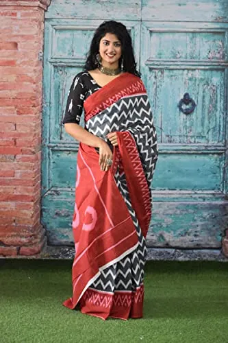 JALTHER Handicrafts Women's Ikat Hand Block Print Jaipuri Cotton Mulmul Saree with Blouse Piece_Multicolor 700