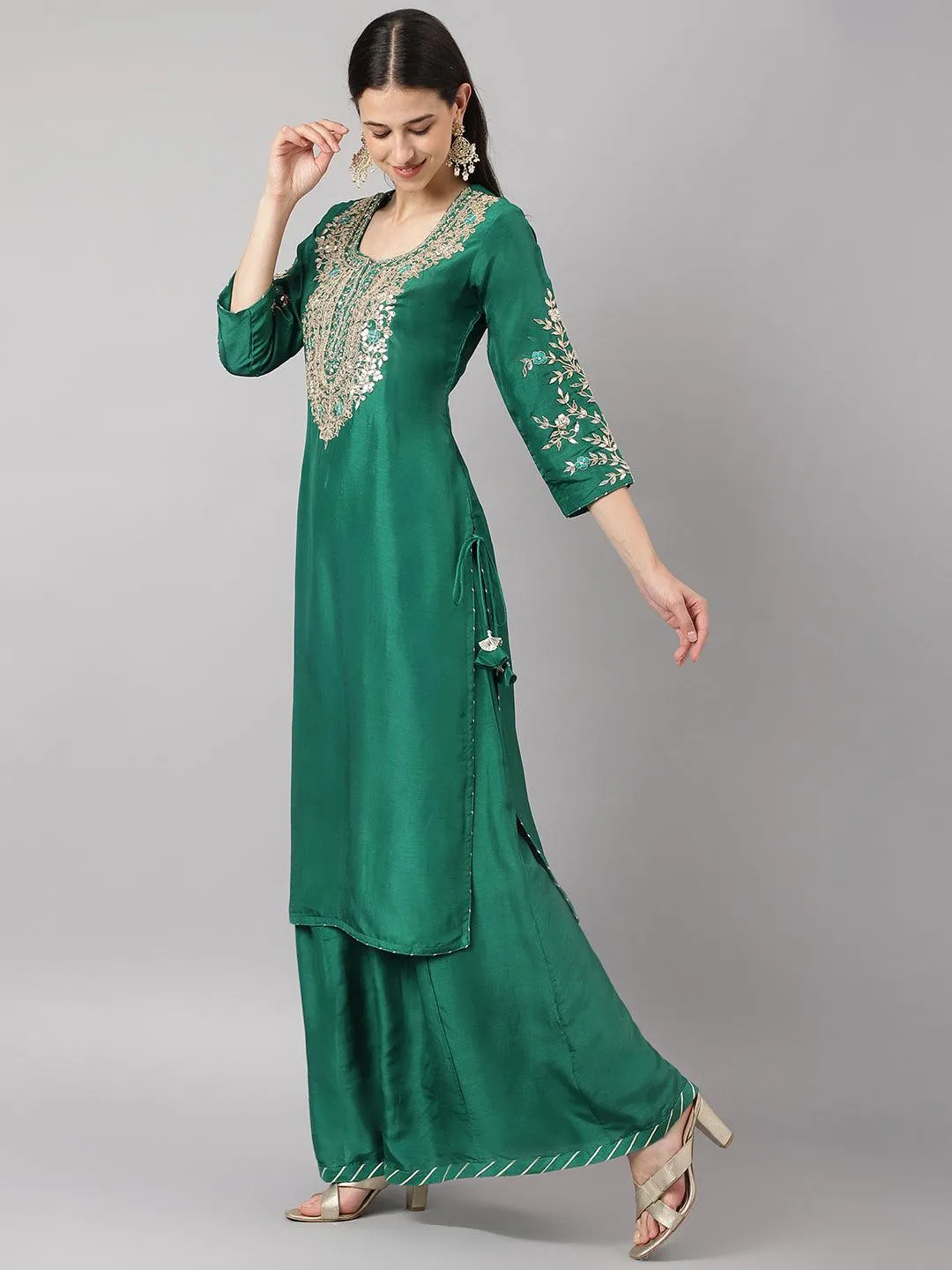 Jashvi Green uppada silk Hand embroidery Kurta Sharara with Organza dupatta