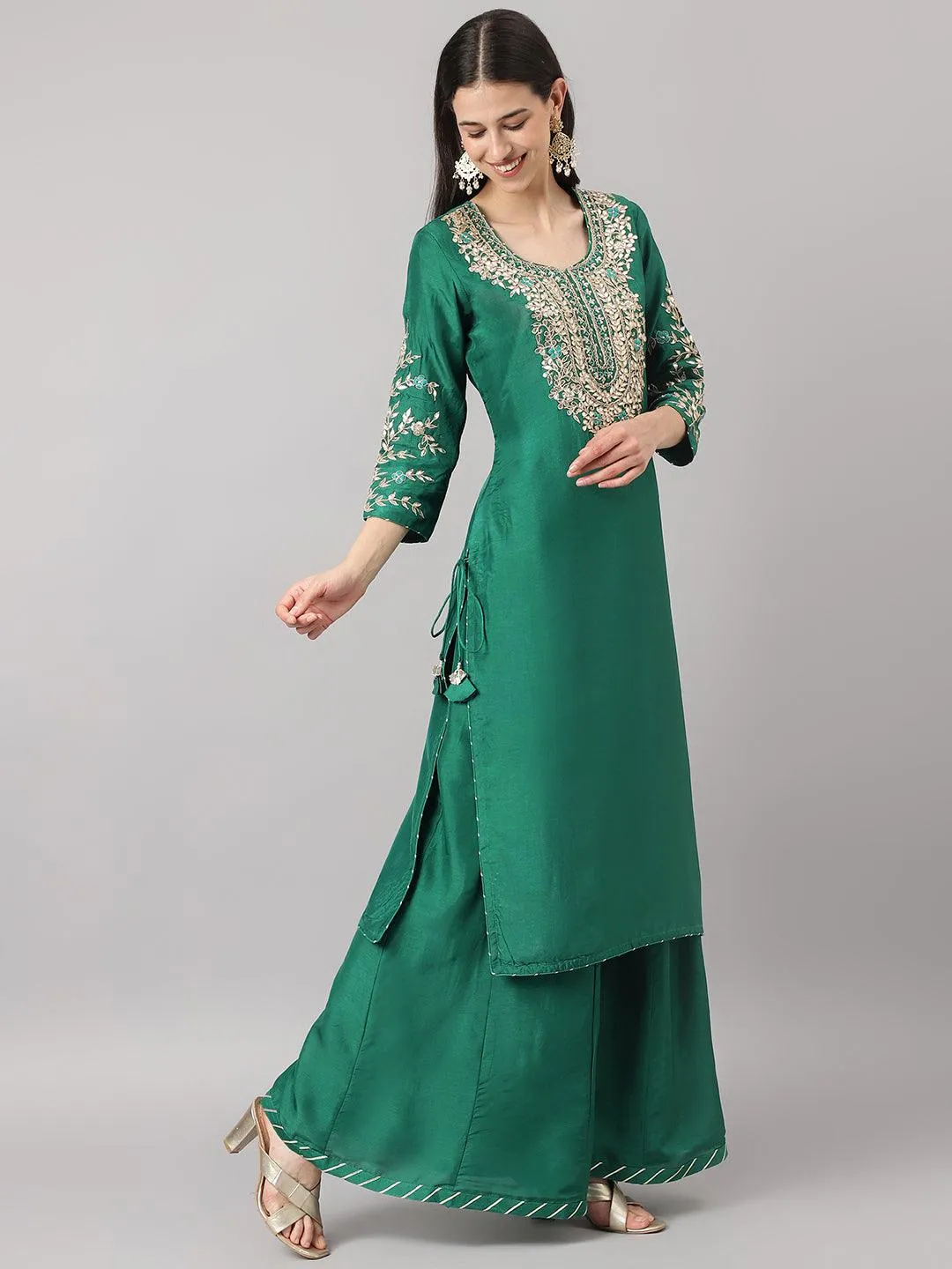 Jashvi Green uppada silk Hand embroidery Kurta Sharara with Organza dupatta