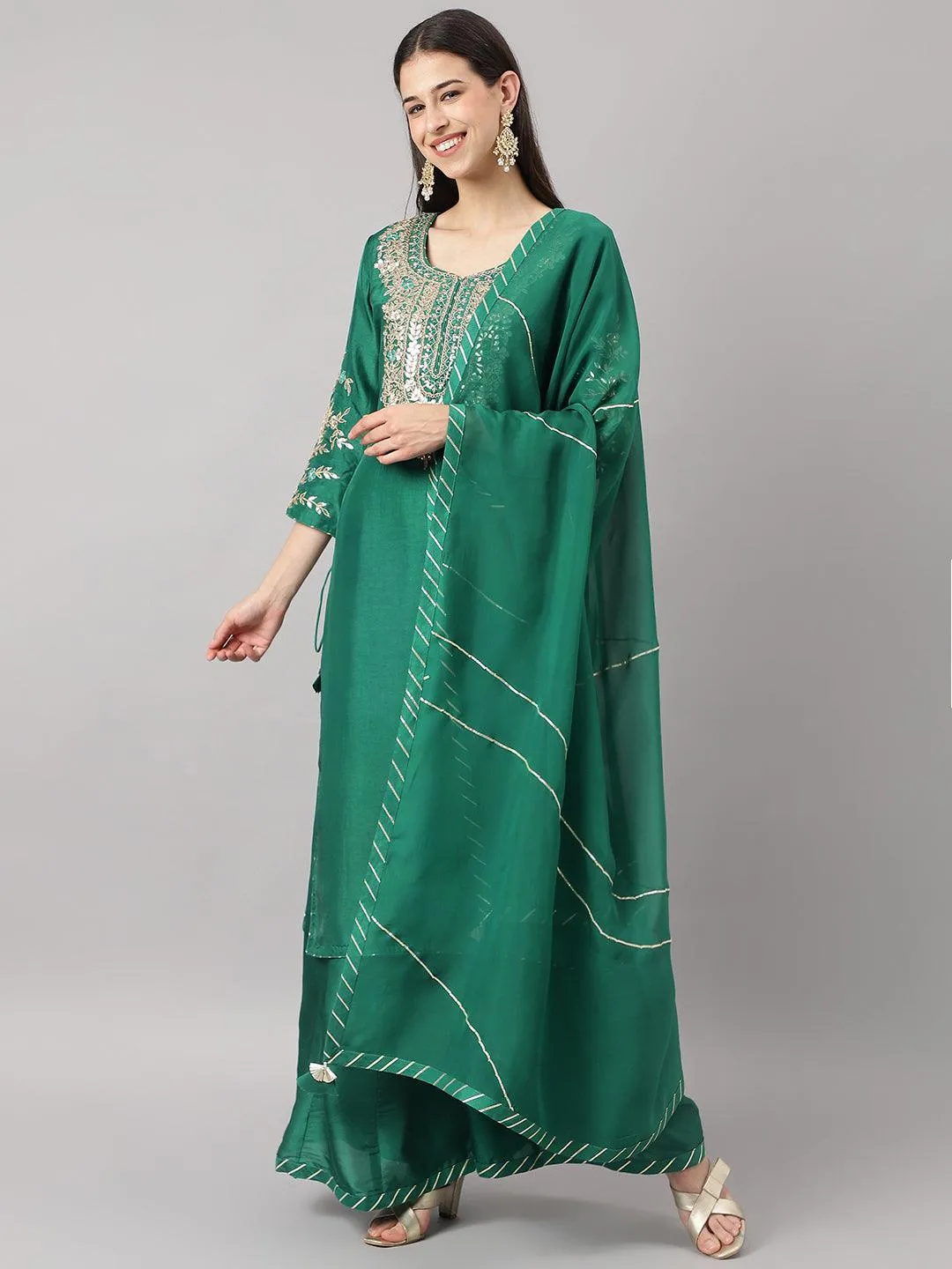 Jashvi Green uppada silk Hand embroidery Kurta Sharara with Organza dupatta