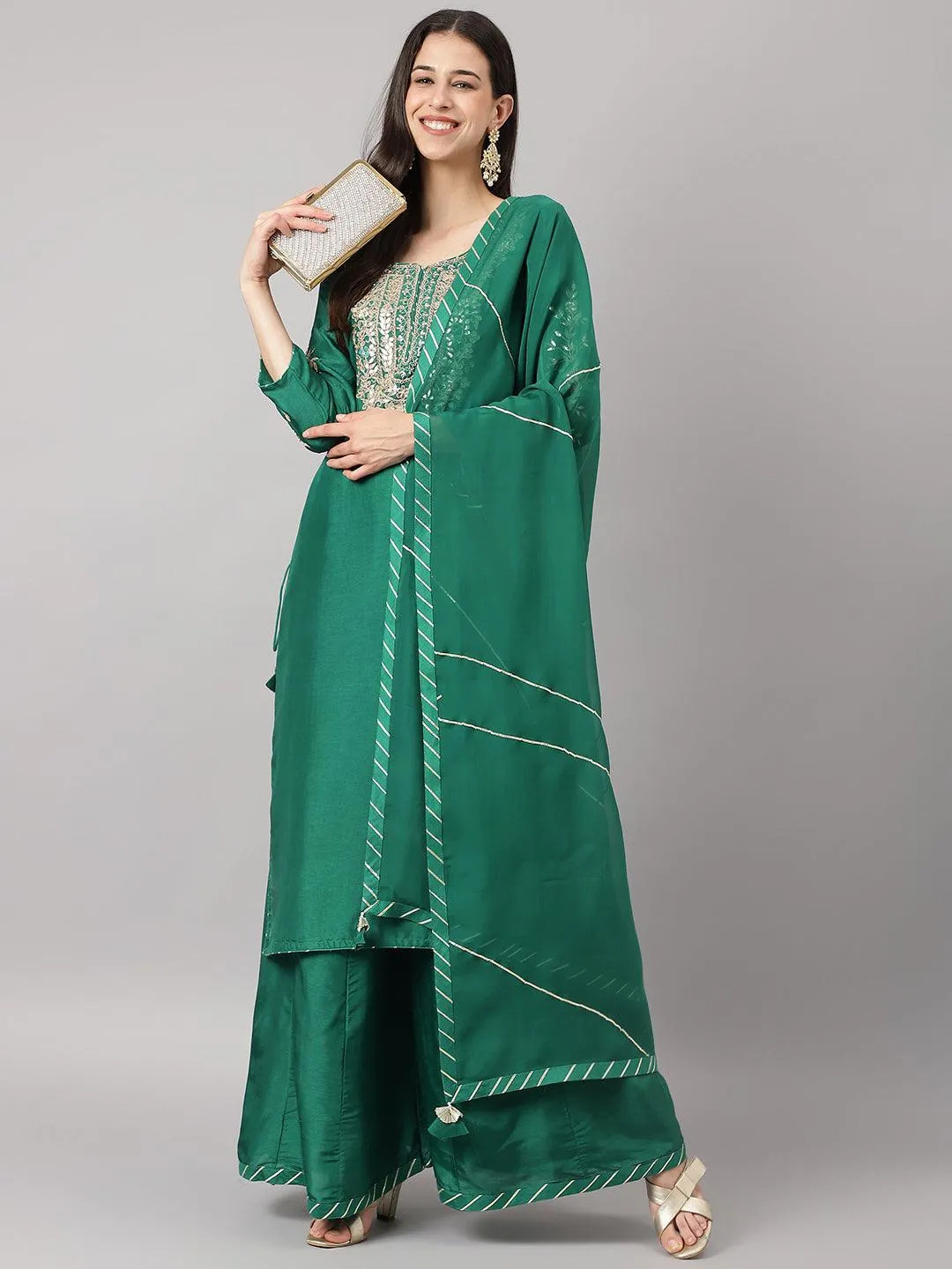 Jashvi Green uppada silk Hand embroidery Kurta Sharara with Organza dupatta