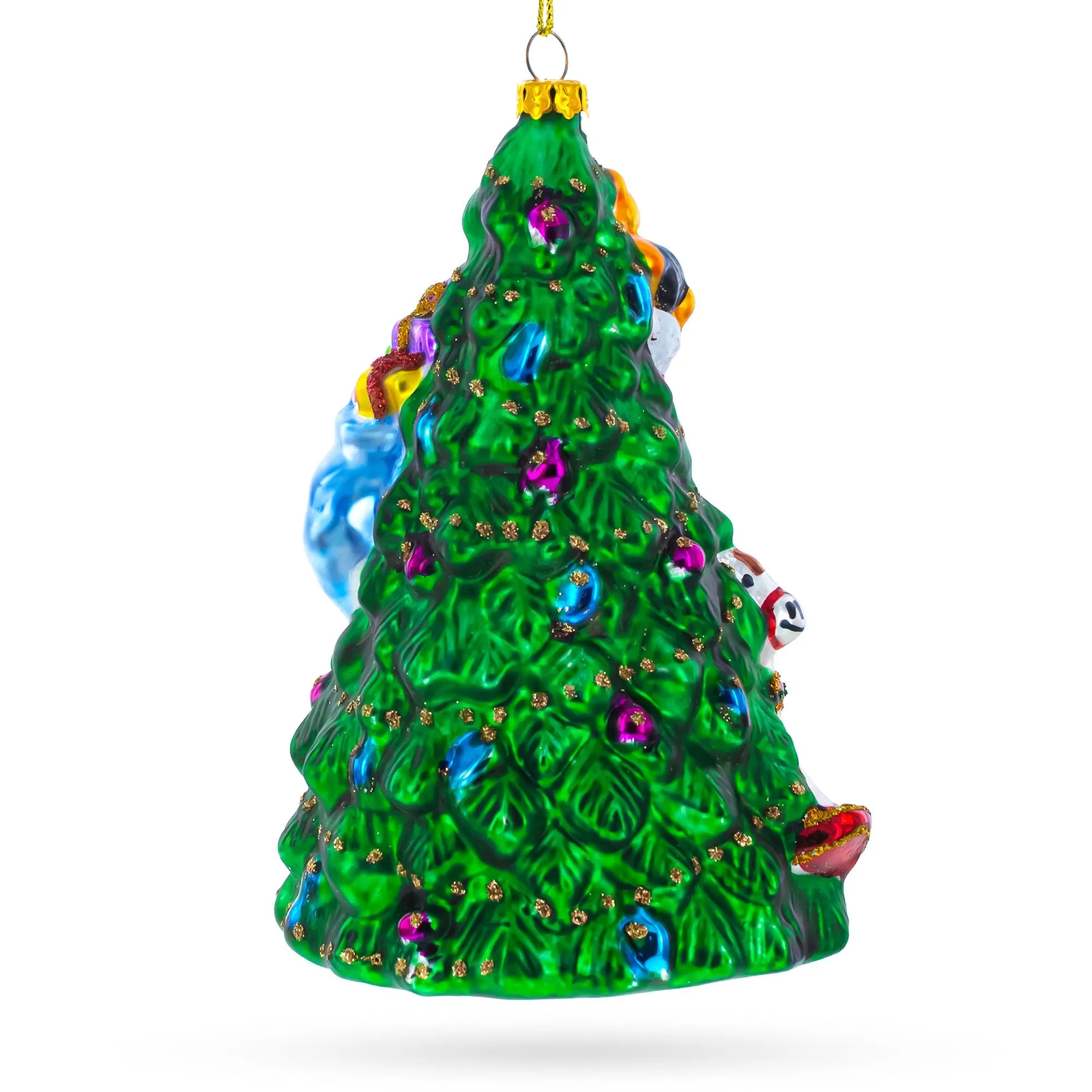 Jolly Santa Presenting Gifts Beside Christmas Tree - Blown Glass Ornament